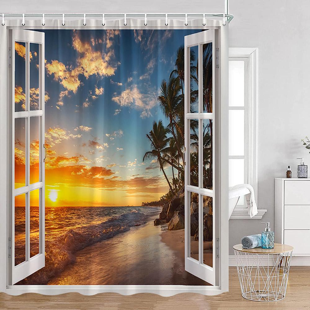 Coastal Shower Curtain Open Window View Of The Sky Clouds Rising Sun Seascape Grass Morning Scenery Bathroom Decor Set With Hook