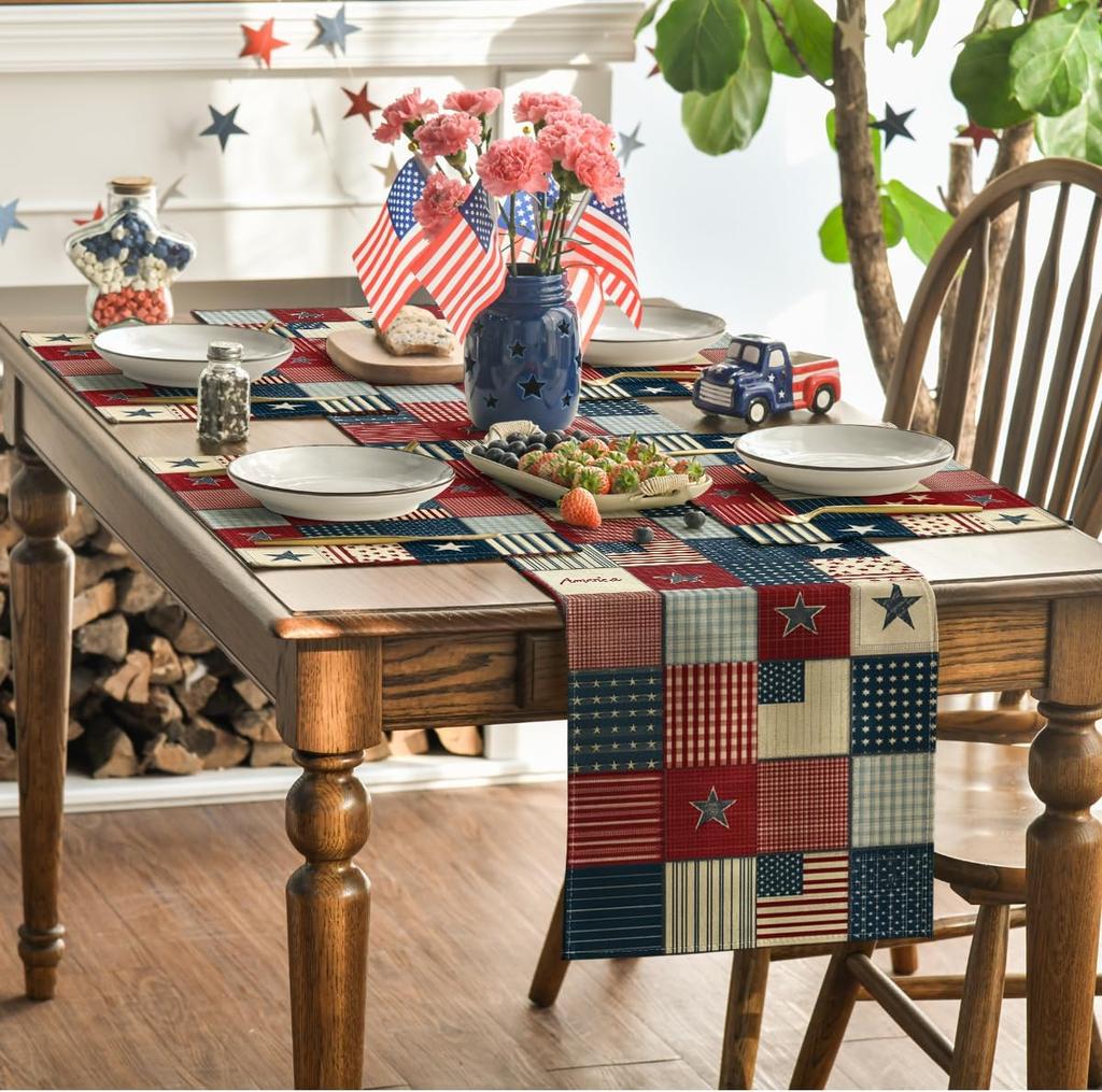 Stars American Flag 4th of July Placemats Set of 4, 12x18 Inch Memorial Day Patriotic Table Mats for Party Kitchen Dining Decoration