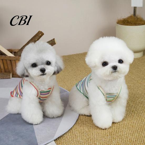Soft Fabric Dog Tee Colorful Striped Pet T-Shirt, Sleeveless Thin Straps Breathable Apparel Tank Top with Cute Bear Embroidery for Small Dogs