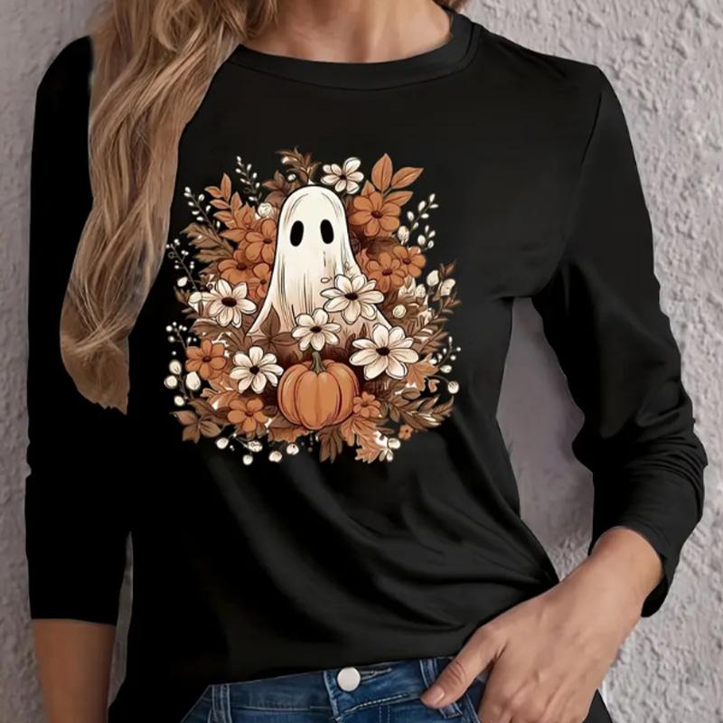 Tops For Women Watercolor Painting Ghost Pumpkin Print Round Neck Long Sleeve T-shirt Fall Casual Slim Pullover Women's Long Sleeve Top