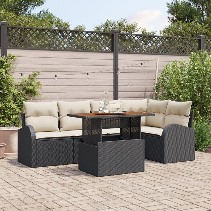 VidaXL Set de salle à manger de jardin 6 pièces avec coussins noir poly rattan acacia 3349585