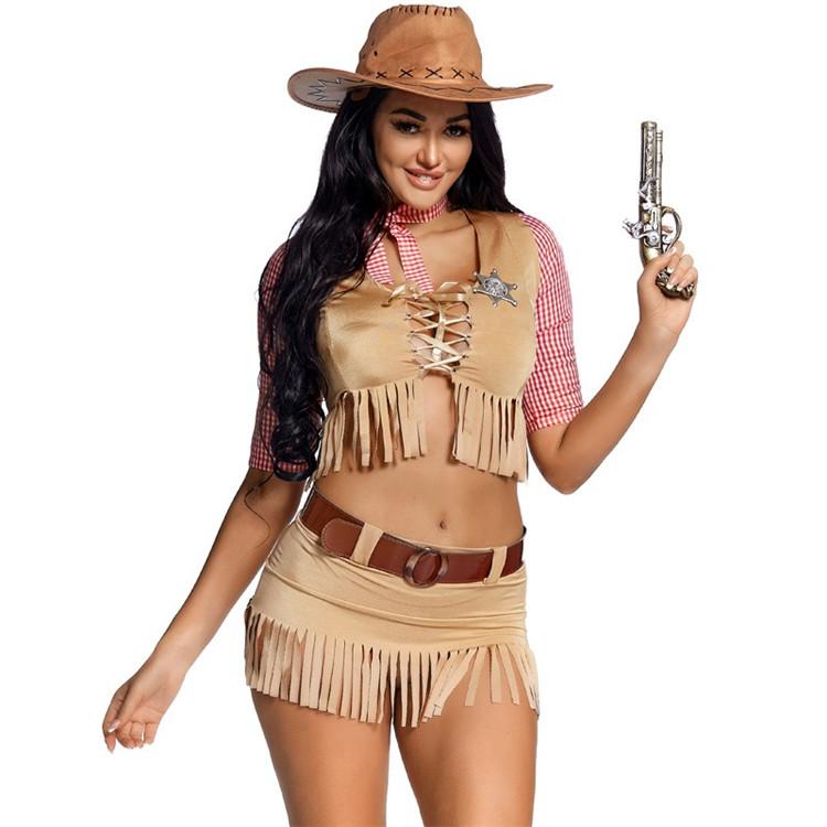 ZHEZHE Sexy Costume da Cowboy Western per Adulti Donne Halloween Carnevale Festa in Maschera Cosplay Pioniere Americano Antico Uniforme