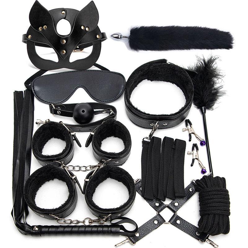 Sexy Nylon BDSM Kits Plush Sex Bondage Set Handcuffs Sex Games Whip Gag Nipple Clamps Sex Toys For Couples Exotic