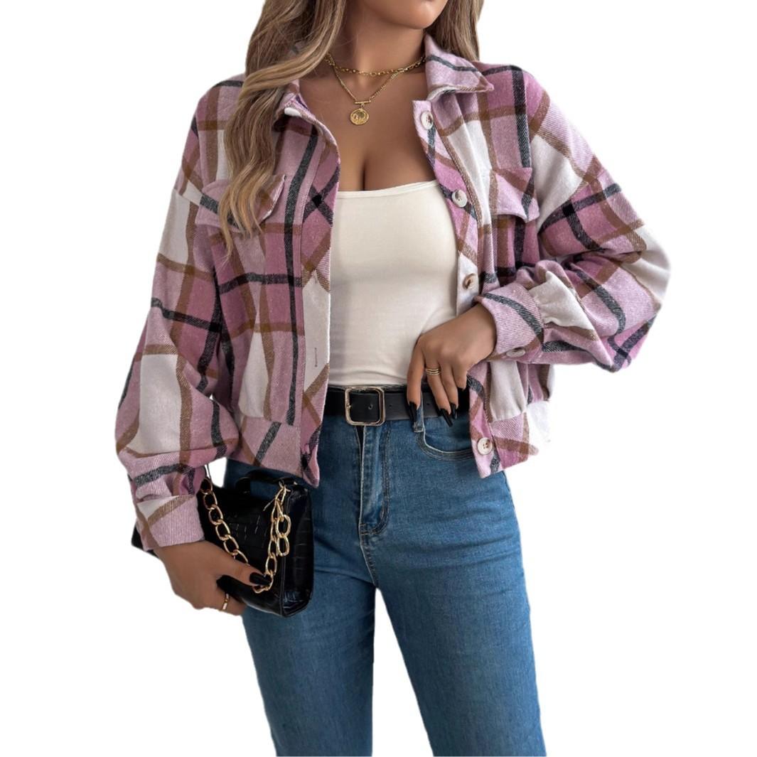 

Autumn Winter Plaid Short Coat Lantern Long Sleeve Turn-Down Collar Button Woolen Jacket Women Clothes XL рожевий