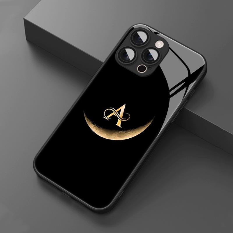 Trendy Moon Letter A Pattern Tempered Glass Black Phone Case For iPhone 11 12 13 14 15 16 17 Pro Max 17 Air 7 8 Plus XS X Cover