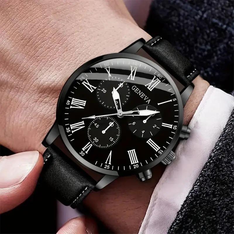 GENEVA Trendy Men's Minimalist Leather Belt Business Watch Set