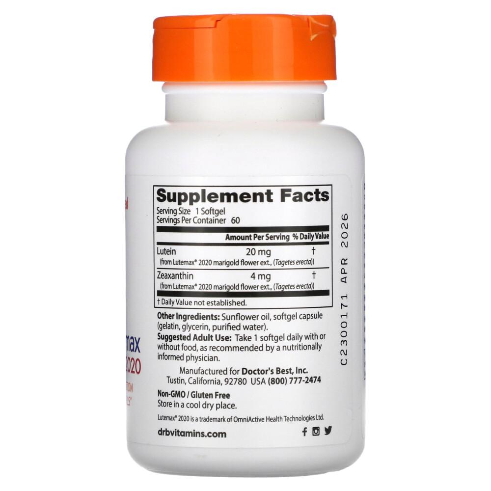 Doctor's Best Lutein 20mg with Lutemax 2020 Softgels, 60 Count (2-Pack)