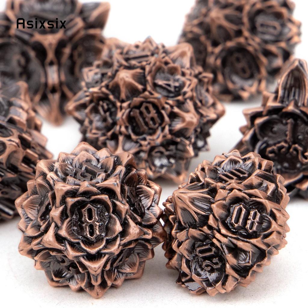 7 Pcs Copper Black Lotus Flower Metal Dice Solid Metal Polyhedral Dice Set Suitable for Role-Playing RPG Board Game Card Game