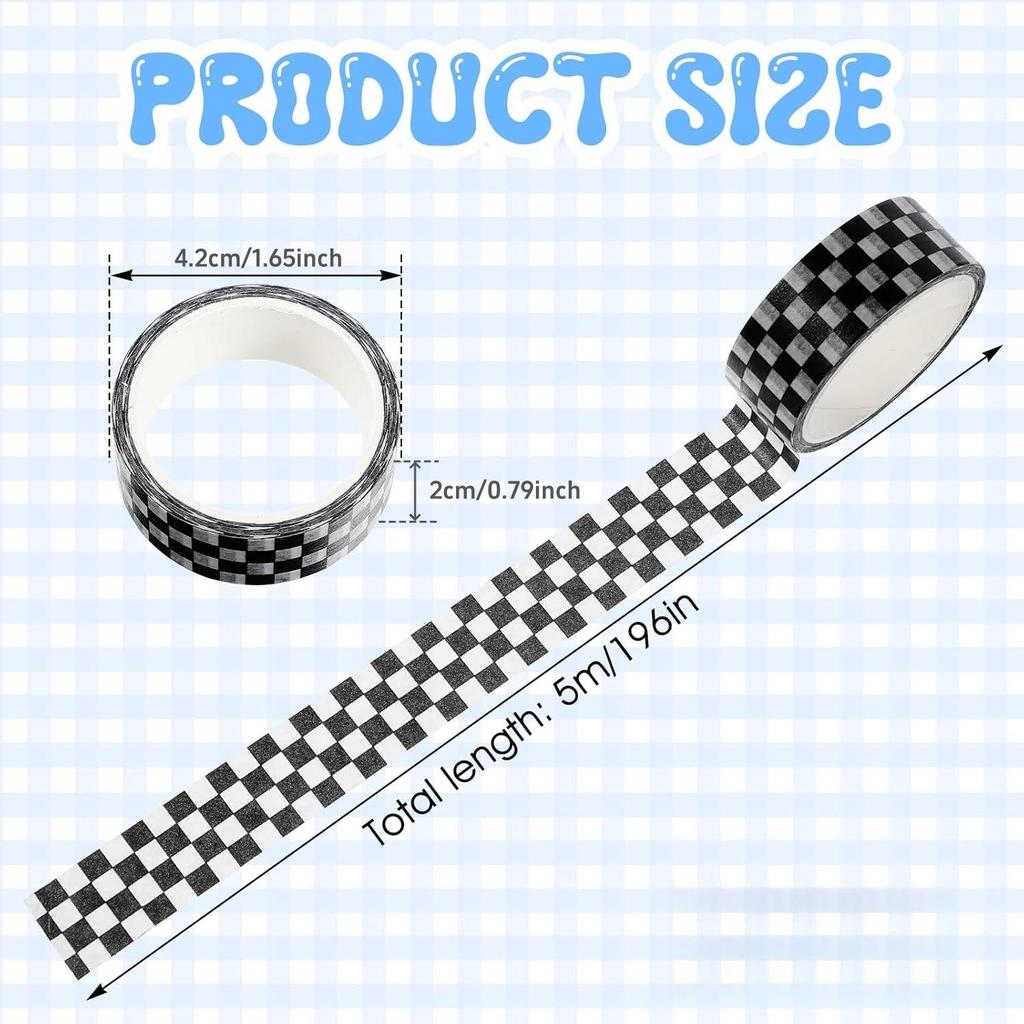 8 Rolls Plaid Washi Tapes, Black White Color Checkered Adhesive Masking Tape Classic Assorted Grid Decoration Stickers