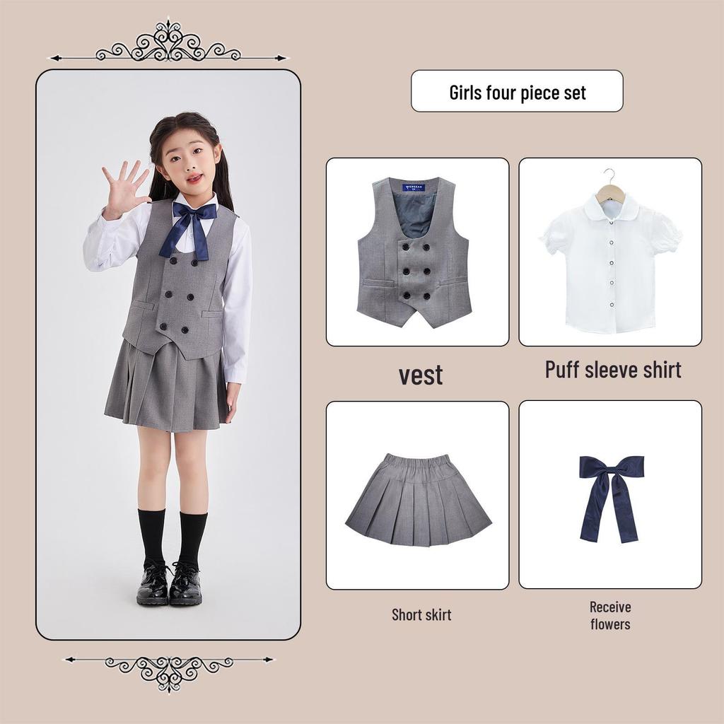 Children's Academic Style School Uniform Set: Primary School Vest & Kindergarten Short Sleeve for Back to School Photography
