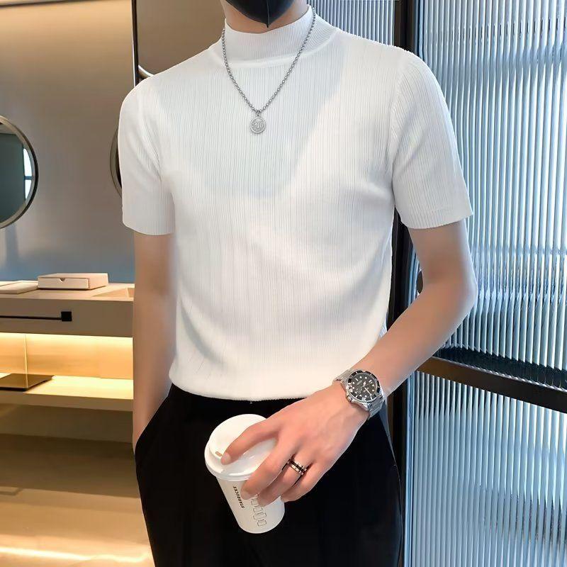 

Корейские пуловеры с полувысоким воротником, летние, однотонные, на все случаи жизни, мужская одежда, приталенные, с коротким рукавом, стильные, повседневные, вязаные футболки XXL белый
