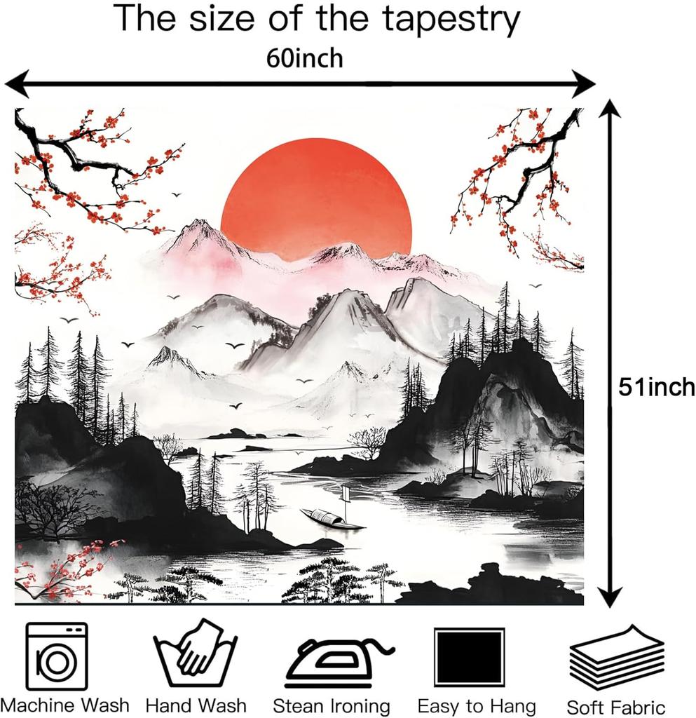 Japanische Berg-Wandbehang für Schlafzimmer, Ästhetische Anime Schwarz-Weiß Kunst Wandteppich, Aquarell Landschaft Wandbehang
