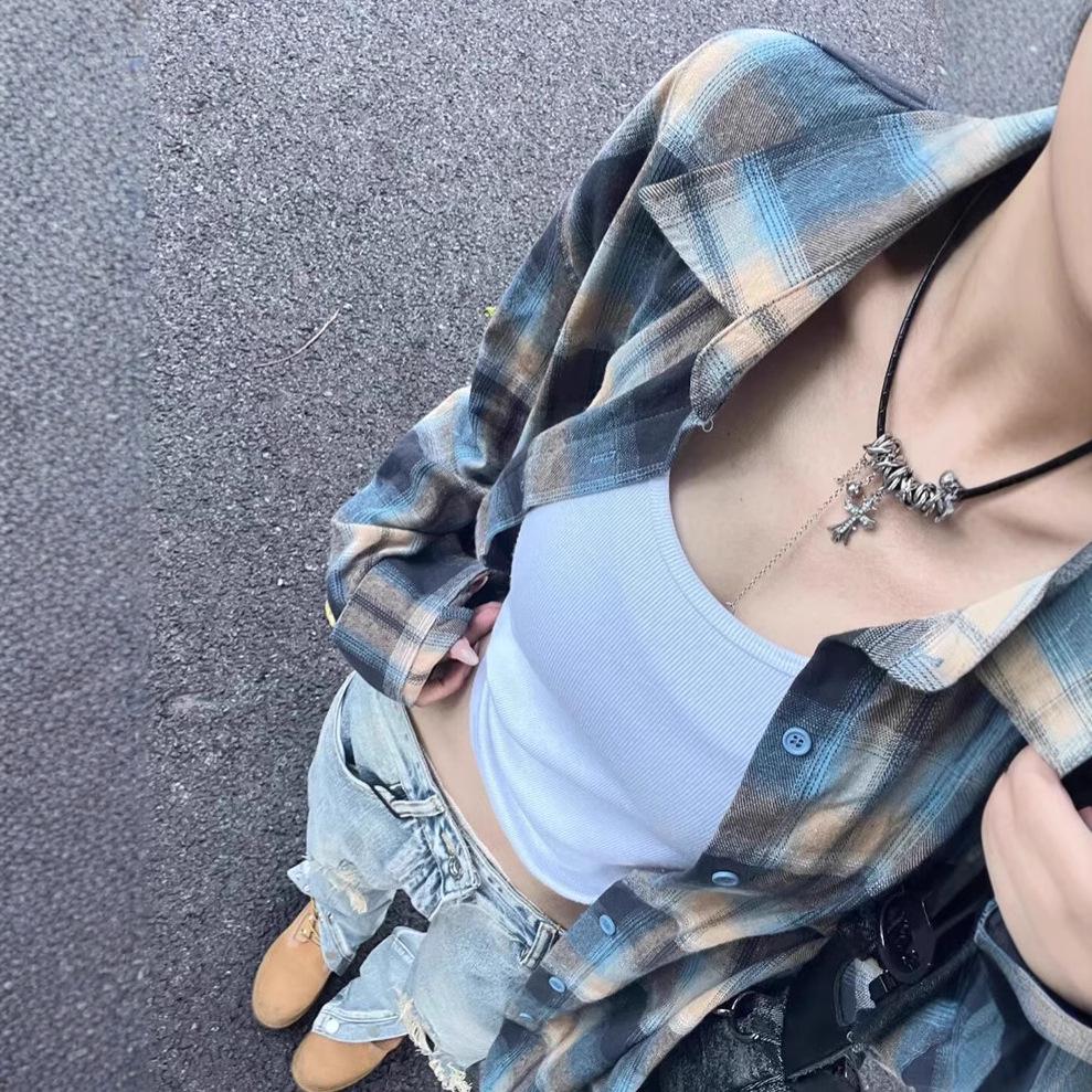 

Hong Kong Retro Plaid Patchwork Long-Sleeve Shirt Jacket - Orange & Blue, Niche Loose Fit, Comfortable, Versatile Design. L