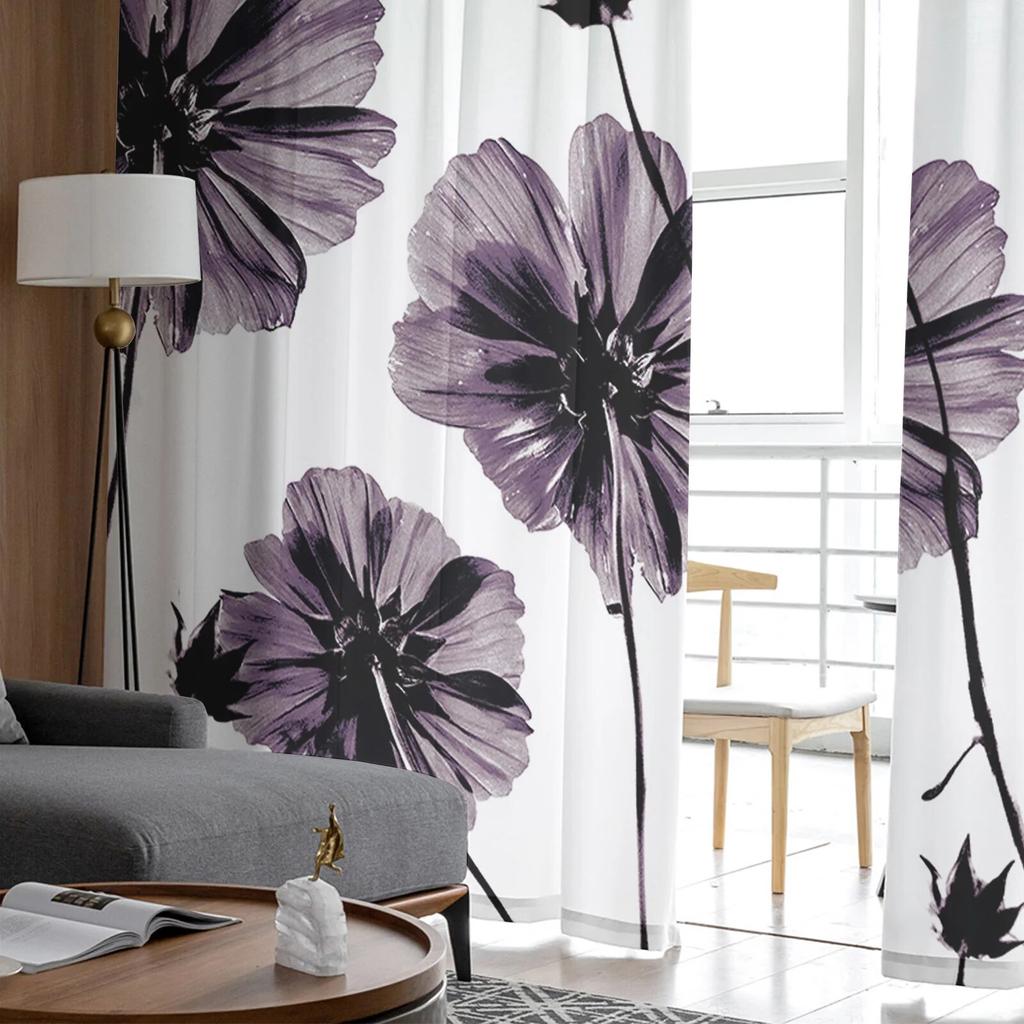 Purple Artistic Flower Tulle Curtains Living Room Kitchen Chiffon Curtain Bedroom Balcony Sheer Curtain Fashion Home Decor