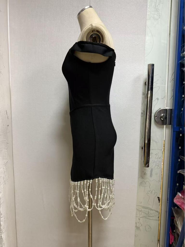 New Women's European & American One-Shoulder Strapless Bodycon Dress with Bandage & Pearl Details