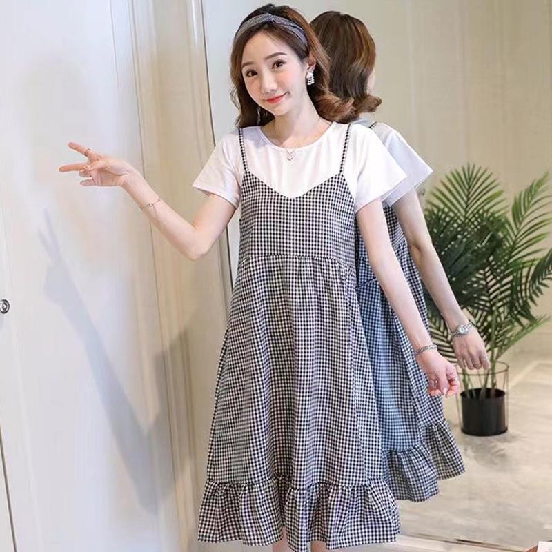 

Двухцветное летнее платье для беременных: Свободный крой, Короткий рукав, Прикрывающий живот L (105-125 jin)