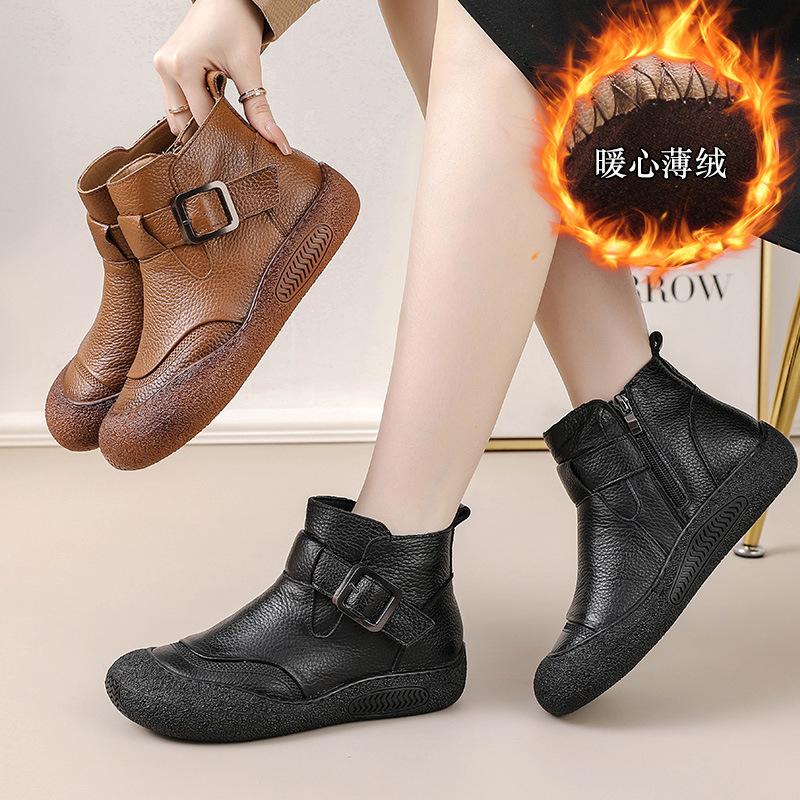 Genuine Leather Women Ankle Boots Plush Side Zipper Snow Boots Autumn/winter New Simple Retro Warm Casual Flat Mom Cotton Shoes