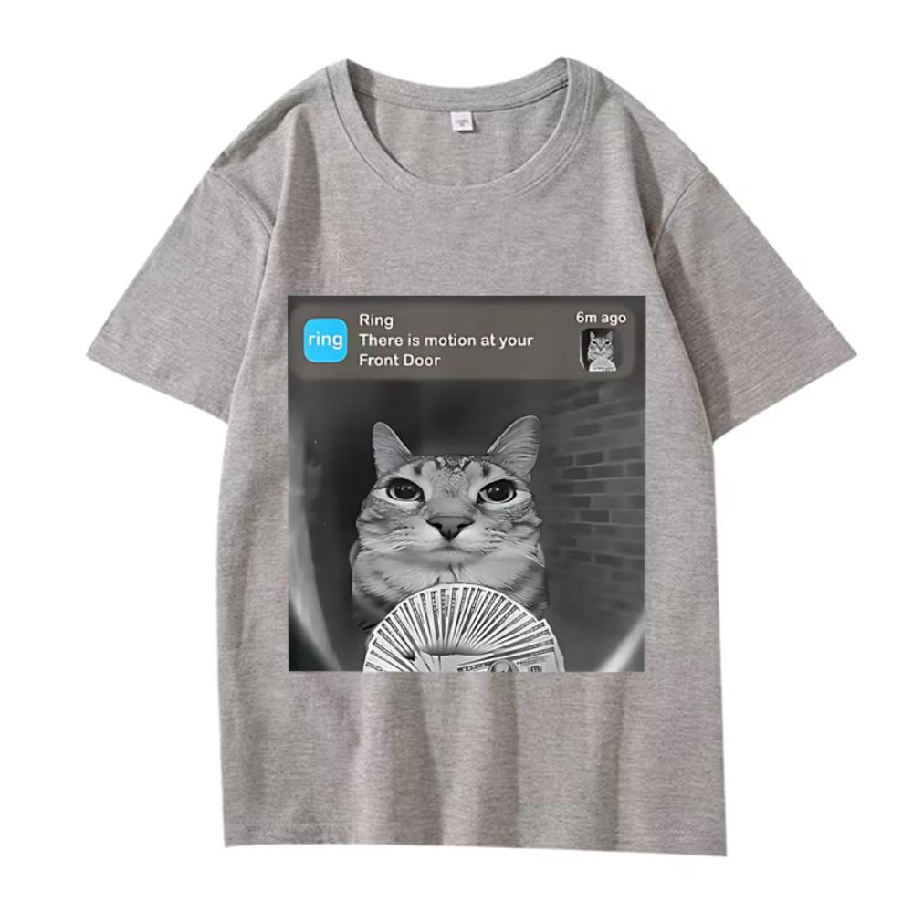 There Is Motion At Your Front Door Funny Silly Cat Meme Printed T Shirt Men Women Oversized Cotton Summer Male Tops