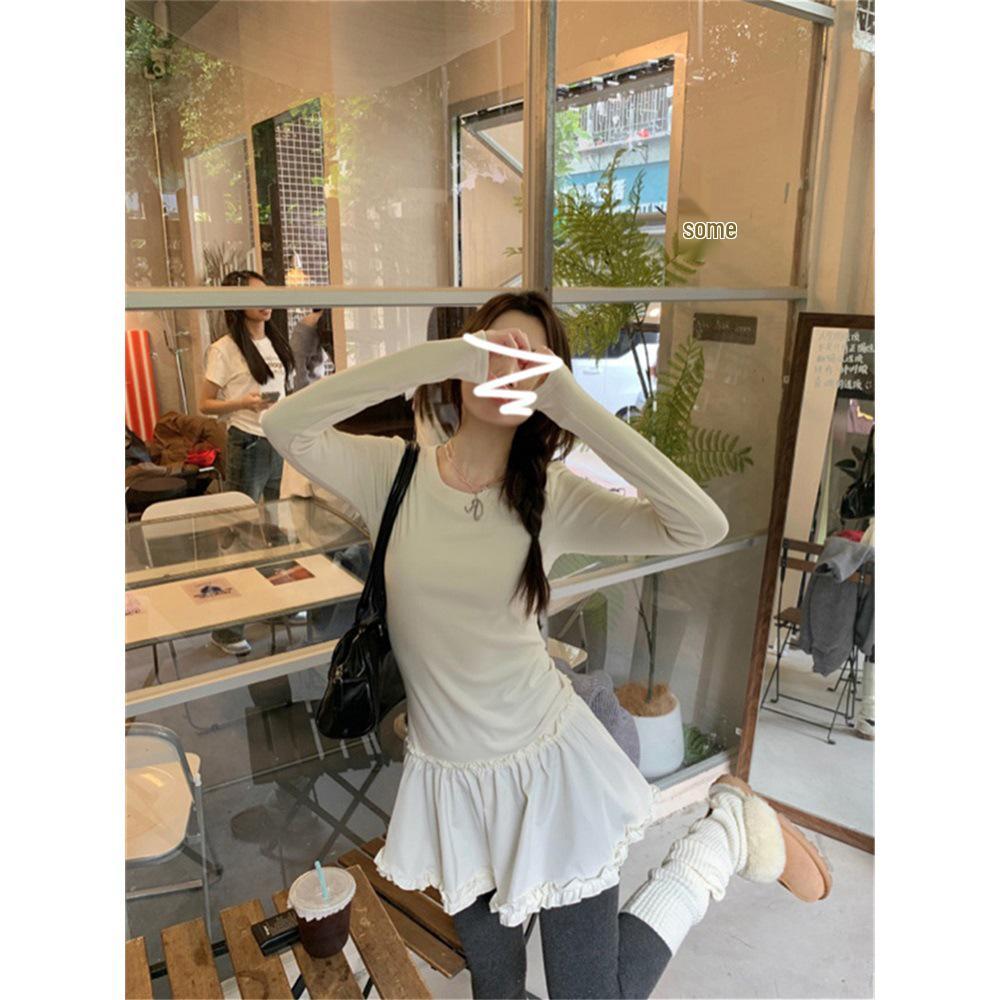 DeRong 2025 Autumn/Winter Women's Lace Trim Slim Fit Long Sleeve T-shirt
