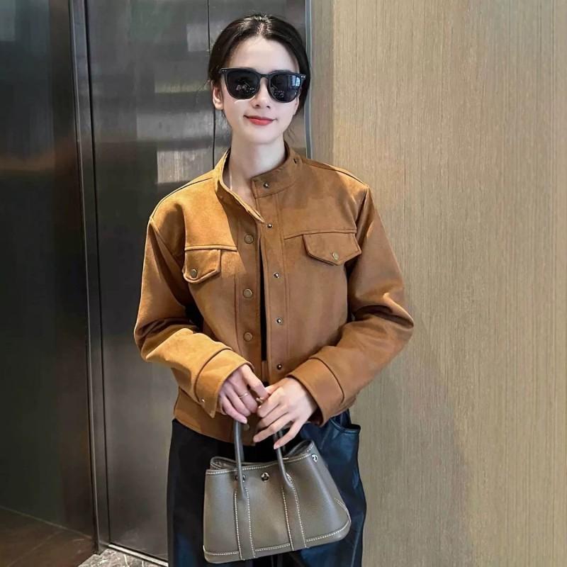 Womens Short Faux Suede Jacket Loose Fit Cropped Bomber Style Casual Chic Coat