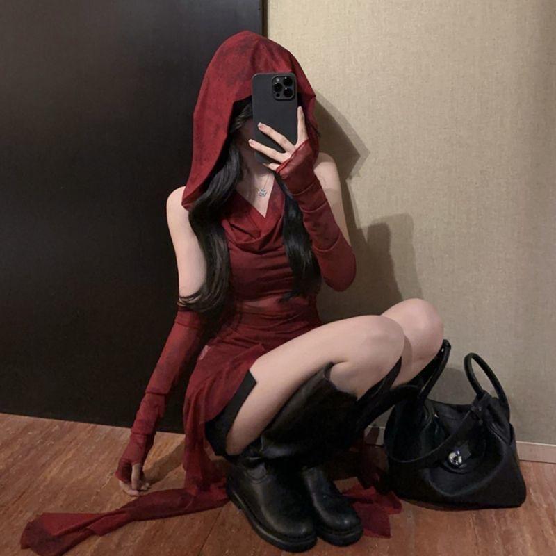 2KWEIRD Streetwear 90s Grunge Mesh See Through Hooded Tops Cyber Y2K Irregular Hem Ruffles Hoodie Women Slim Blouse with Cuffs