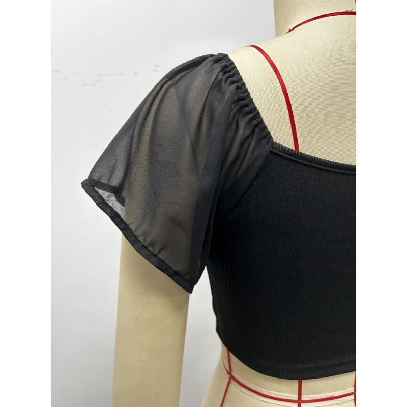 Sommer Temperament Kurzarm Chiffon Tief ausgeschnitten Sexy Kordelzug Schleife Slim Unterziehshirt