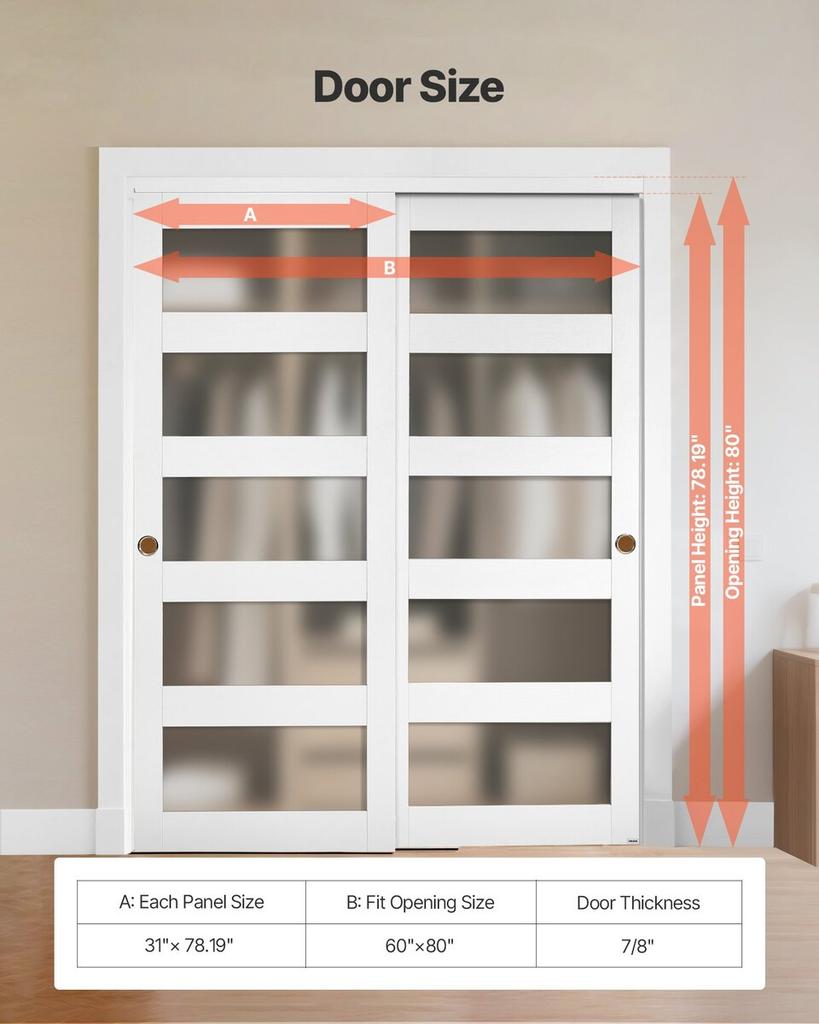 Sliding Closet Door, 1524mm (Double 787mm) x 2032 mm, 5-Lite Frosted Glass Bypass Sliding Doors with Hardware Kit, Solid Wood & MDF Slab with