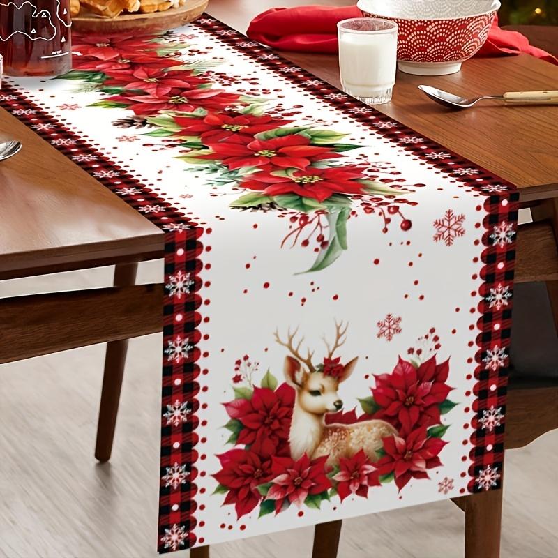 Christmas Poinsettia Reindeer Table Runner Wedding Party Decor Winter Xmas Kitchen Dining Table Runners Christmas Decorations