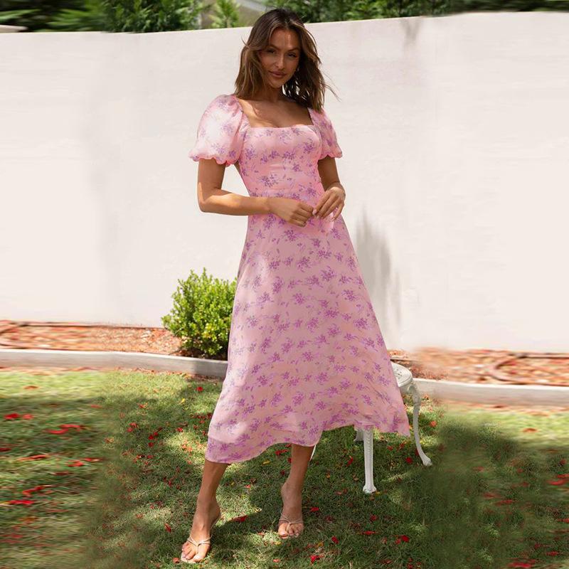 

Весенне-летнее платье новое с открытой спиной spice girl весеннее с рукавами-пузырями цветочное платье женское выглядит стройно и легкая роскошь S