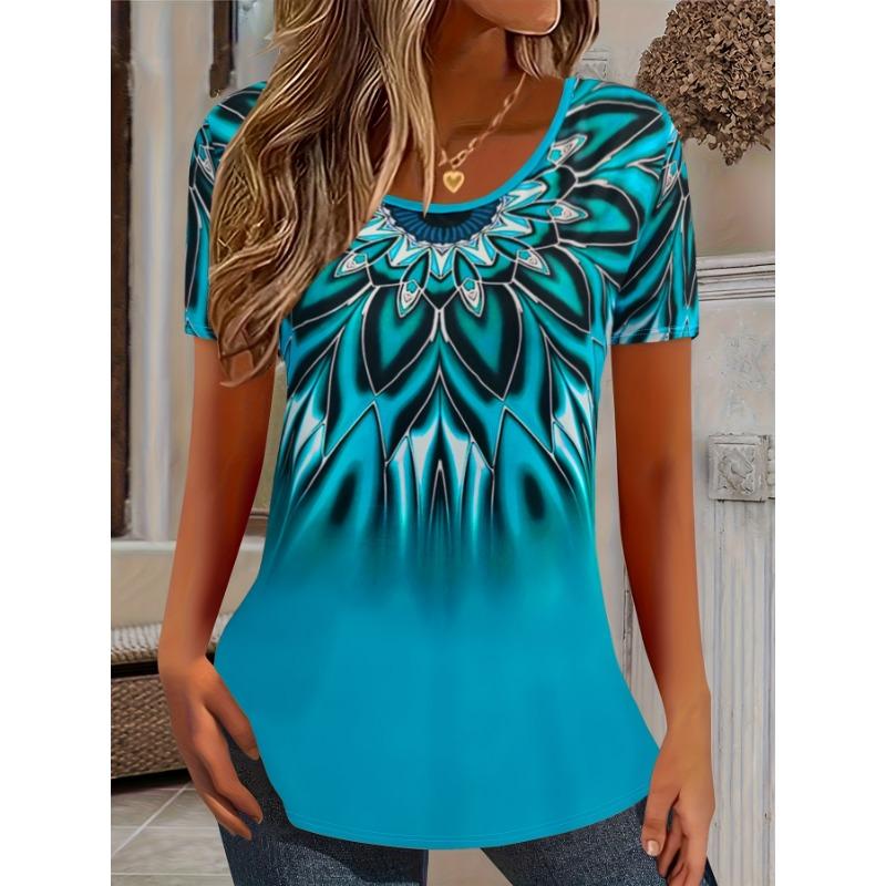 Summer women s fashion gradient printed short sleeved T-shirt round neck loose casual T-shirt top women s clothing S