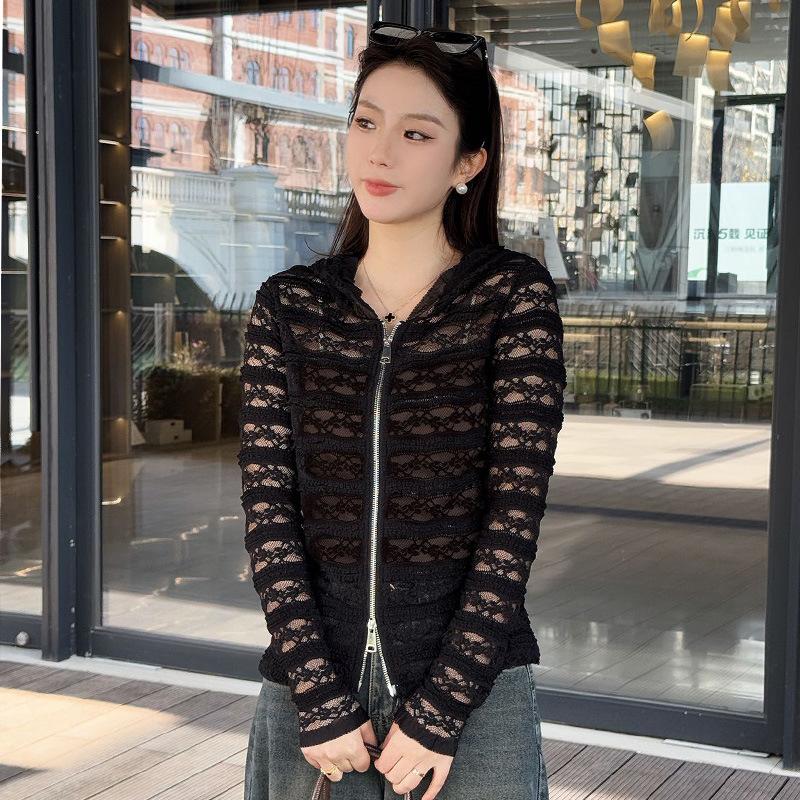 

Black hooded jacket women s summer new design sense zipper temperament super beautiful unique long-sleeved top L чёрный