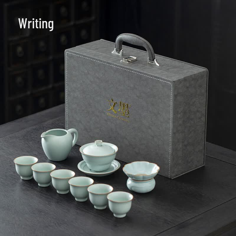 Sky Blue Ru Kiln Xishi Teapot 10-Piece Tea Set with Leather Gift Box