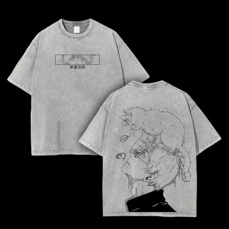 Jujutsu Kaisen Satoru Gojo en Kattenpatroon Unisex Casual T-shirt Gewassen Katoen Korte Mouw Vintage Manga Tee XL gray