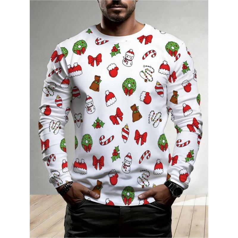 Print Design - Not Textured New Men'S Print Long Sleeve T-Shirt Santa Reindeer Retro Sleigh Forest Snowscape Pattern Casual Long Sleeve Apparel