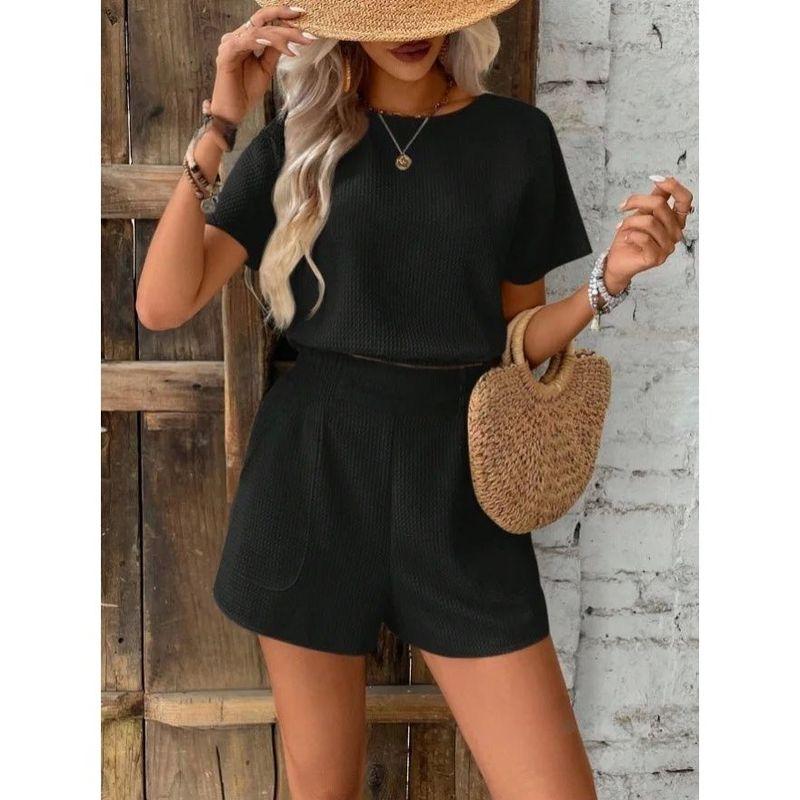 Solid Color Round Neck Top and Shortset Pure Color Crew Neck Tops Shorts Suit