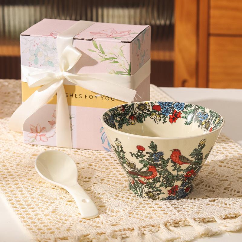 Retro Crape Myrtle Flower Ceramic Tableware Set High Value Dish Set Household Vegetable Plate Soup Plate Rice Bowl Soup Gift