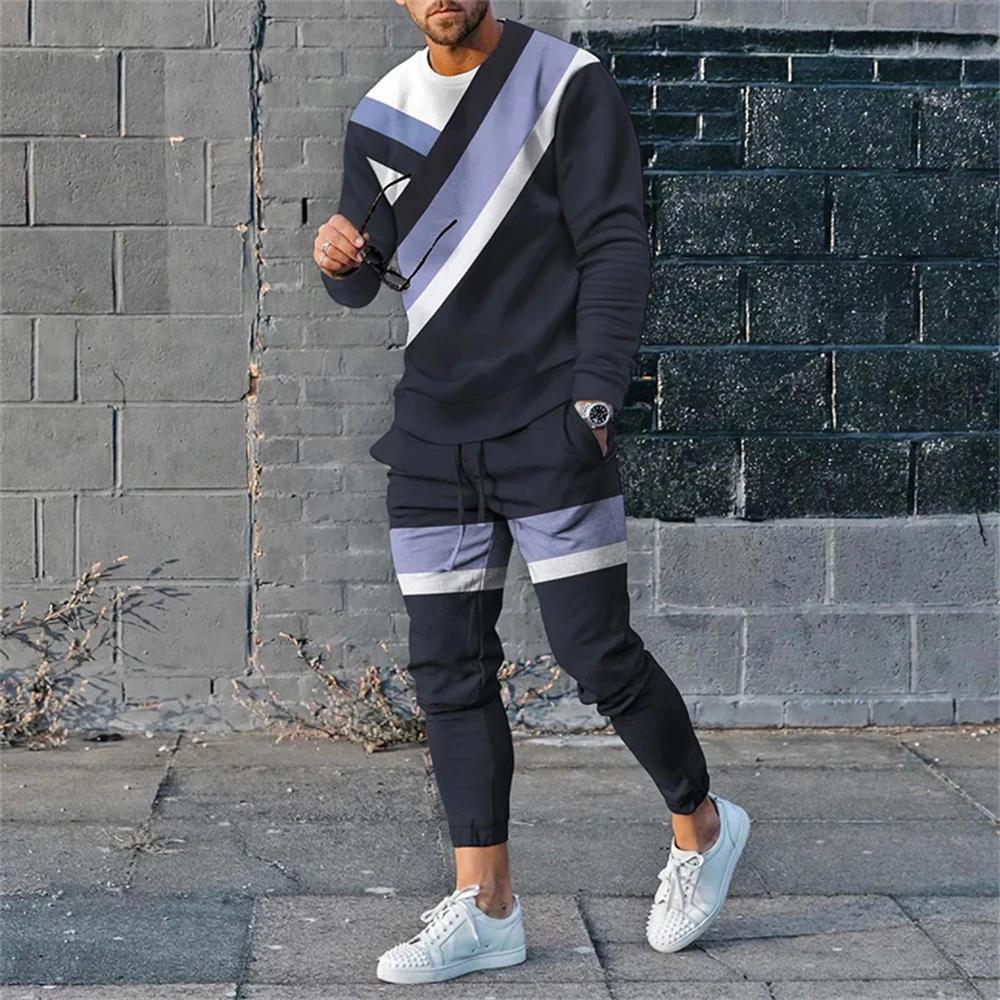 

Костюм с длинными рукавами, мужской клетчатый 3D-принт, модный ретро-спортивный свитер, комплект из толстовки и брюк на весну и осень, размер M-3XL XL