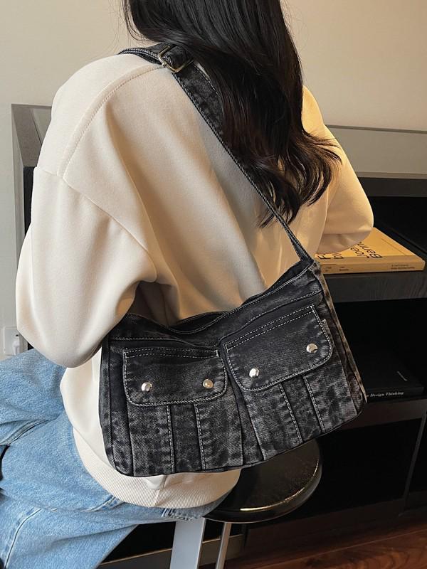 Large Capacity Denim Tote: Japanese & Korean Style, Workwear-Inspired, Versatile Daily Commute & Sports Crossbody Bag