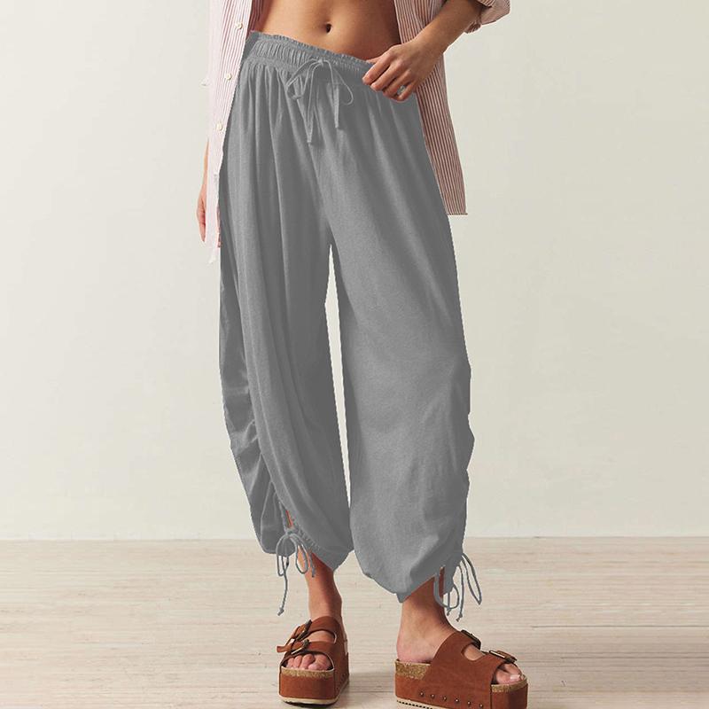 Women Spring Fall Fashion Wardrobe Staple Solid Color Drawstring High-Waisted Bloomers Ankle Pants Trousers