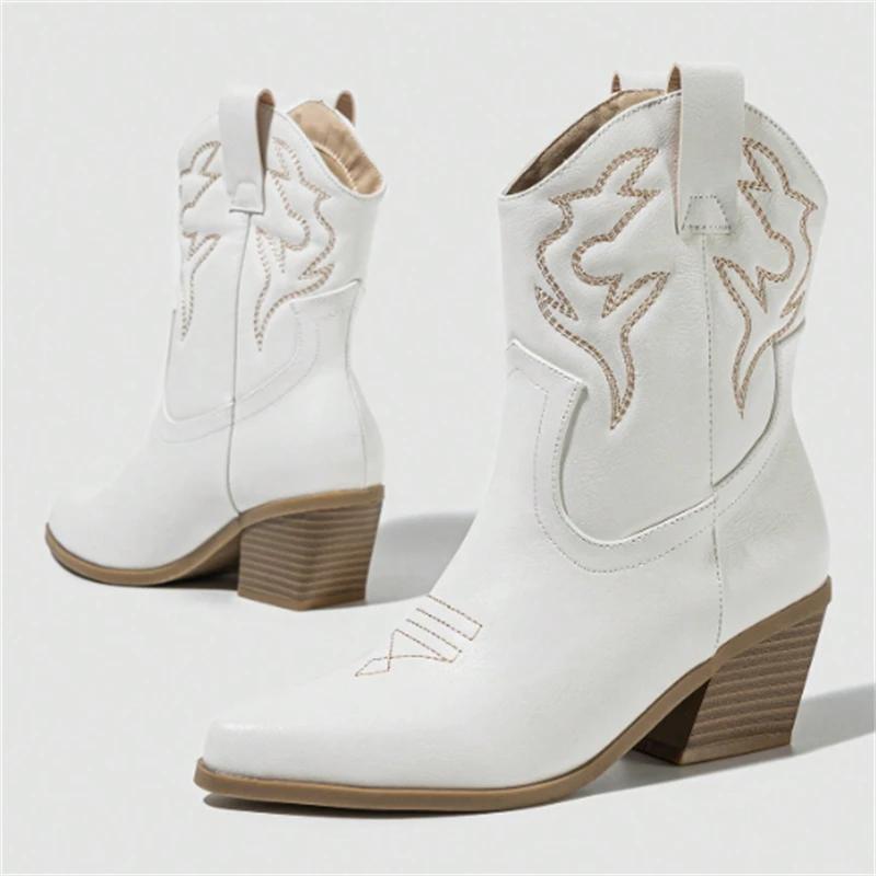 

Eilyken New Design Embroidery Pointed Toe Ankle Boots Women Punk Style Square Low Heels Short Western Booties Shoes 35