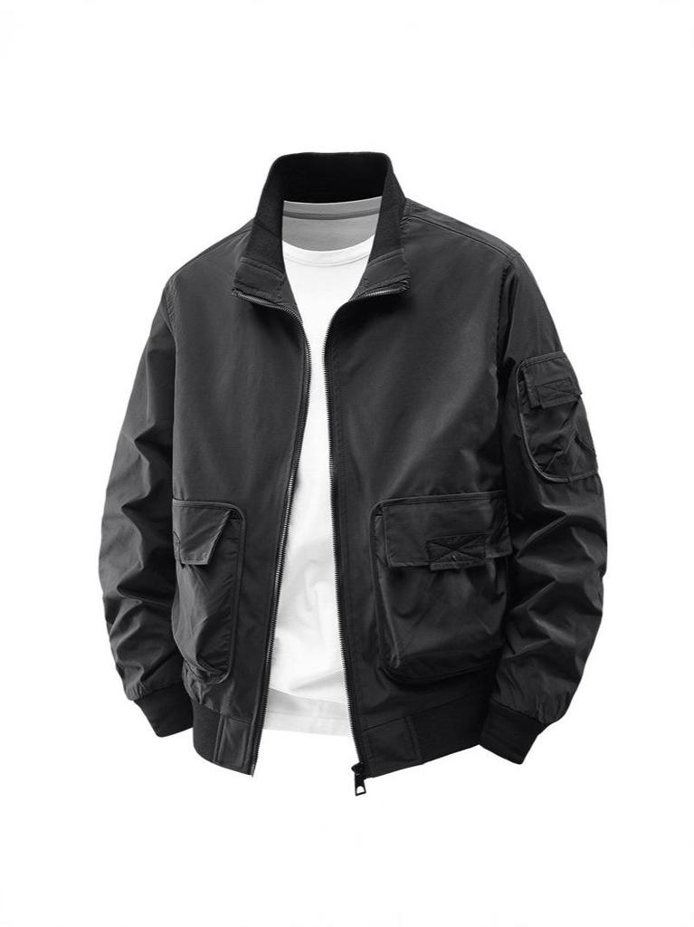 Men's Trendy Korean Style Stand Collar Bomber Jacket - Windproof, Solid Color for Spring & Autumn Outdoor Sports