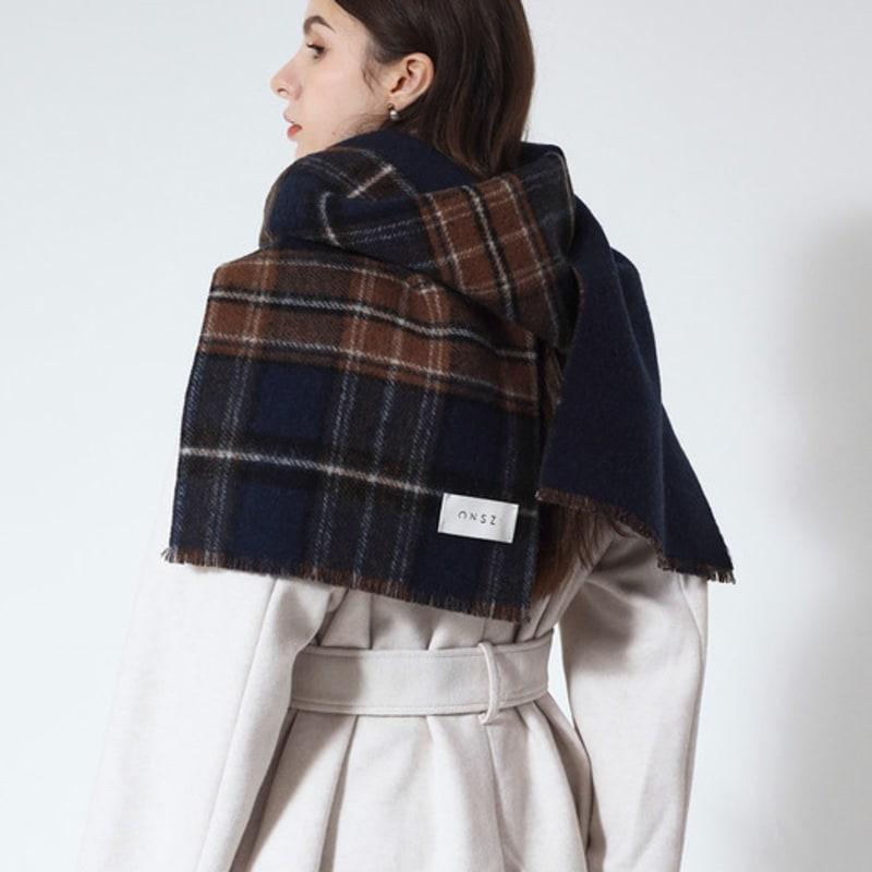 ONSZ Wool Cashmere Check and Logo Color Block Reversible Muffler