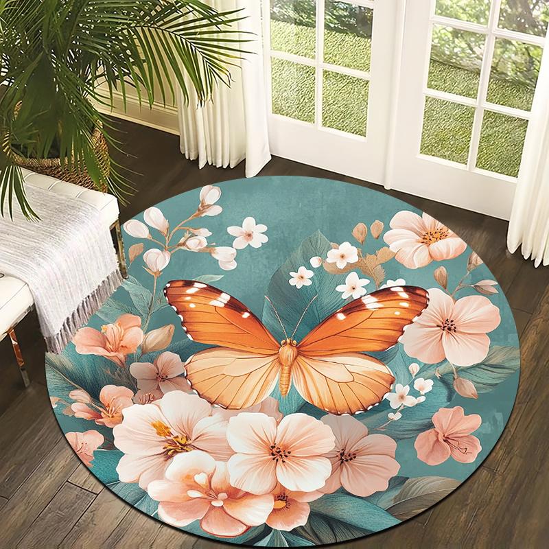 

Graceful Butterflies & Flowers Flannel-printed round floor mats are slip-resistant Suitable living room terrace garden carpets 60cm