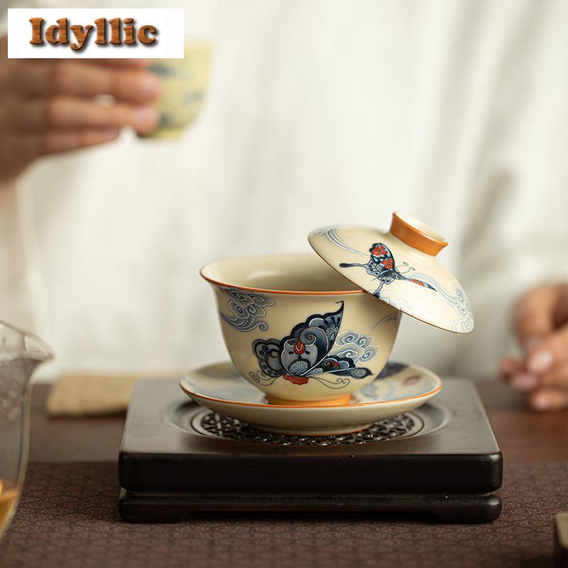 130ml Ru Ofen Wolke Schmetterling Gaiwan Zen Tee Terrine Teeschale mit Deckel Set Teezubereitung Deckelschale Teeartikel Zubehör Handwerk Geschenk