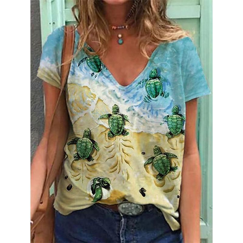 Summer Sea Turtle 3D Print T Shirt Women V-Neck Short Sleeve T-shirts Y2k Tops Harajuku Streetwear Oversized Tee Woman Clothing