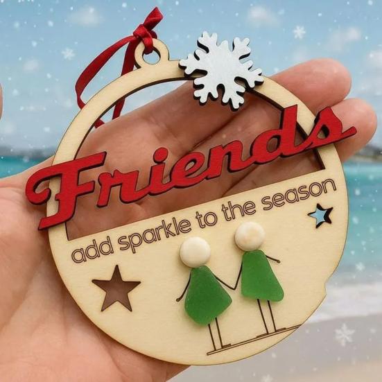 Friends Sea Glass Decoration Handmade Wooden Xmas Tree Friendship Seaglass