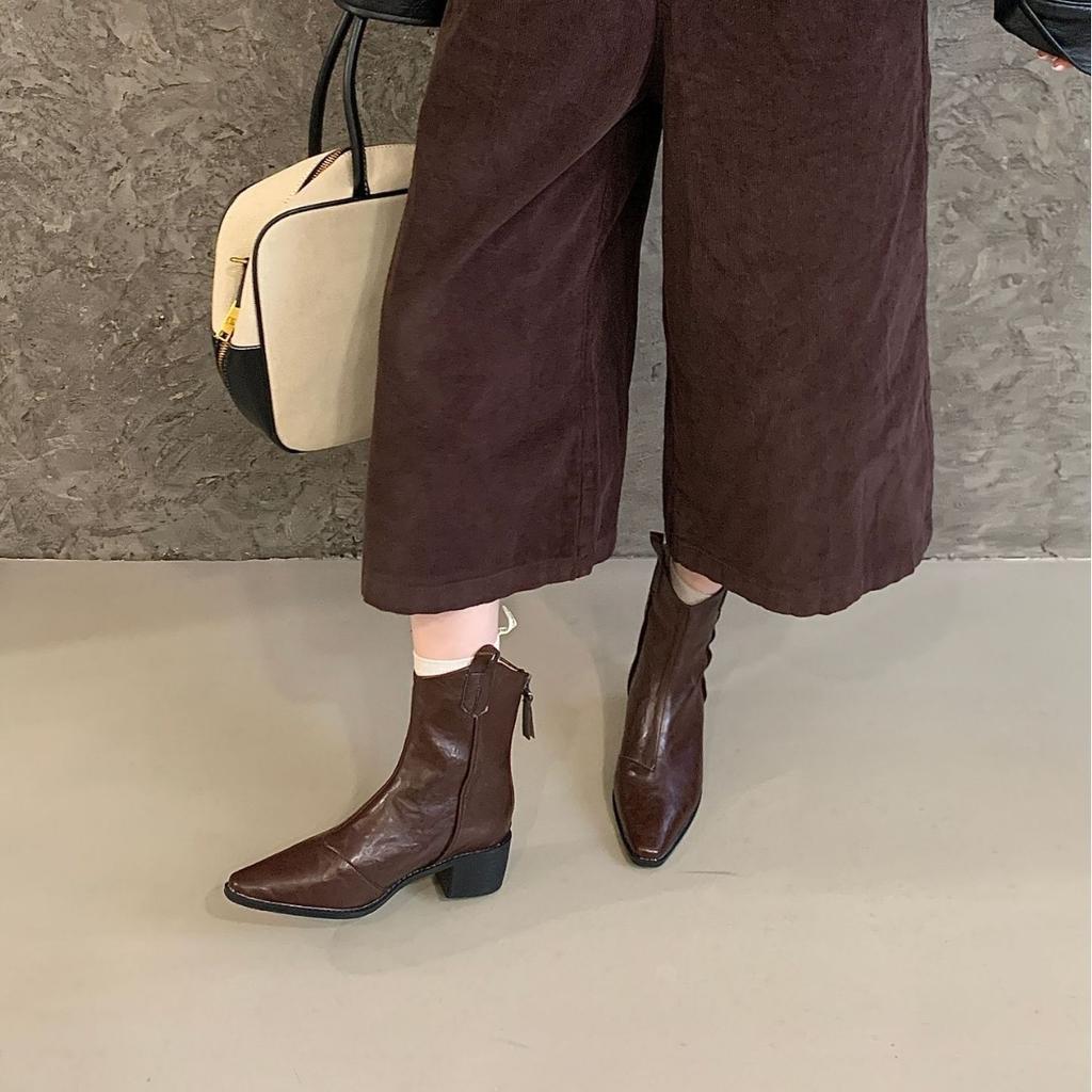 2025 Autumn and Winter New Pointed Head Low Tube Thin Martin Thick Heel Women's Fashion Soft-soled Women's Boots