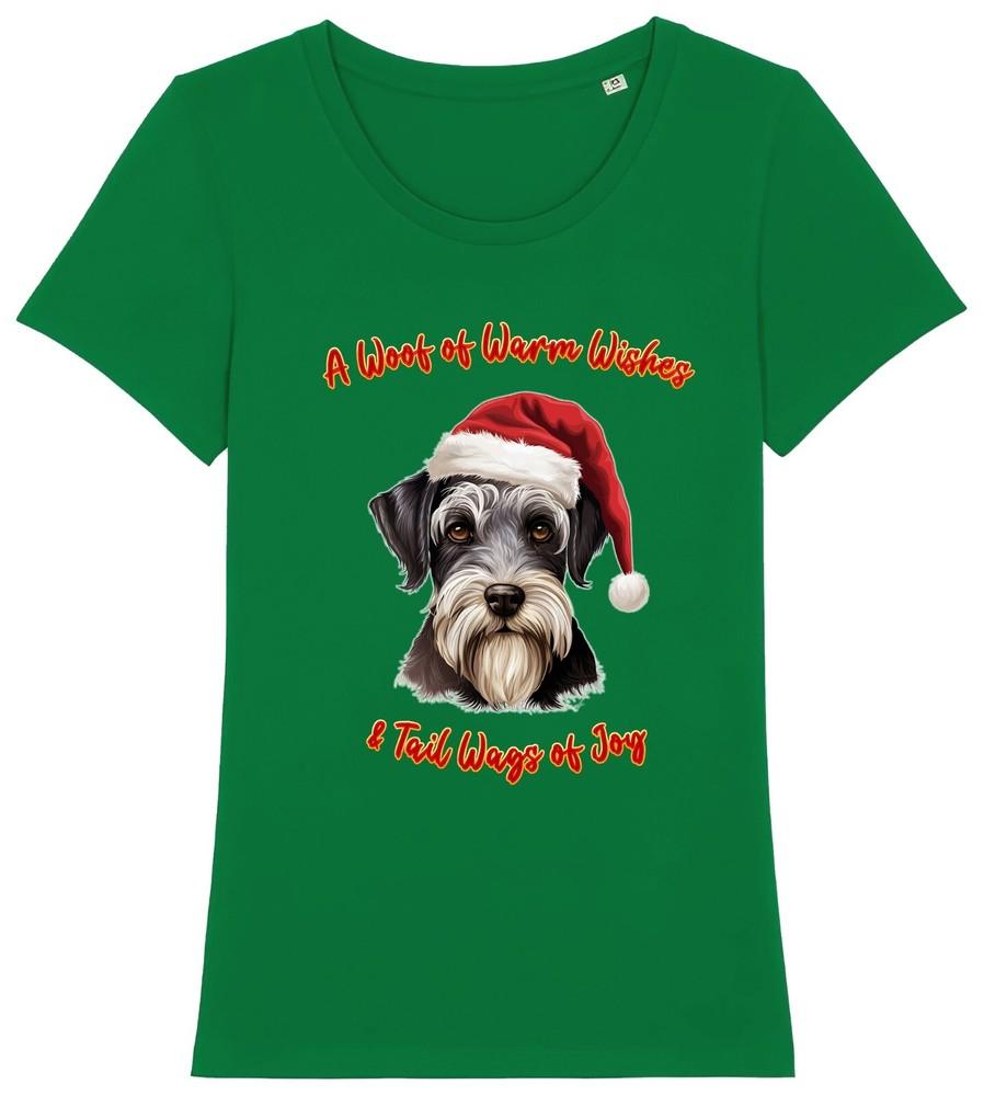 

Womens Miniature Schnauzer Christmas T-Shirt Santa Hat Dog Woof Wishes Ladies 4XL