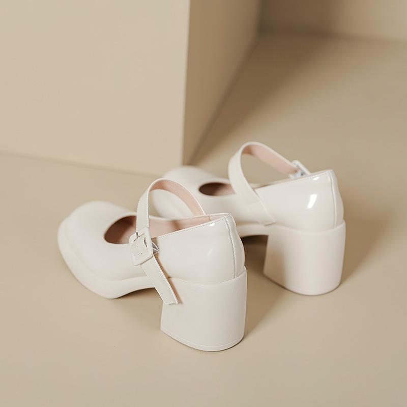High heel Mary Jane single shoes cream Lolita thick heel round head soft sole one word with square buckle small girl matching