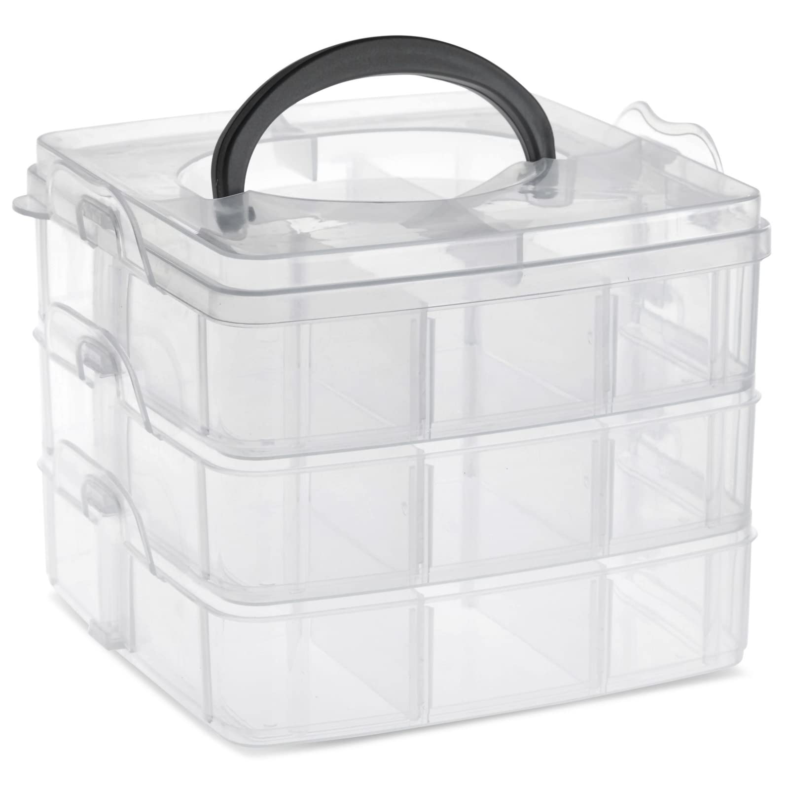 

3-ярусный прозрачный штабелируемый органайзер для хранения пластиковых изделий с регулируемыми отделениями и слотами, лоток с защелками чистый